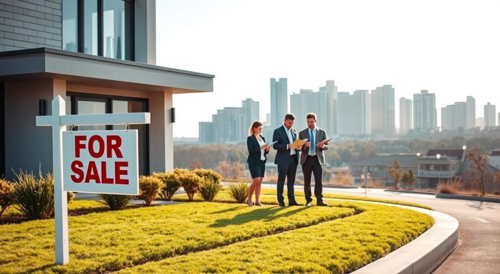 A modern, sleek home exterior with a "For Sale" sign in the foreground, surrounded by a lush green lawn and a few neatly trimmed shrubs. In the middle ground, a group of people in professional attire examining clipboards and discussing details of the property. In the background, a cityscape with high-rise buildings, reflecting the dynamic real estate market. The scene is illuminated by warm, natural lighting, creating a sense of vibrant activity and opportunity. The overall mood conveys a sense of market research, evaluation, and the excitement of finding the perfect home.