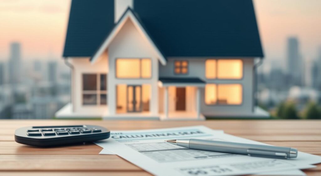 A sleek, modern home facade set against a soft, blurred background. In the foreground, a calculator, pen, and financial documents sit neatly on a wooden desk, with a warm, diffused lighting casting a gentle glow. The middle ground features a 3D model of a stylized house, its contours and details precisely rendered. The background subtly hints at a serene, urban landscape, blending seamlessly to create a sense of harmony and focus on the financial planning process. The overall mood is one of careful consideration, organization, and the anticipation of a significant investment.