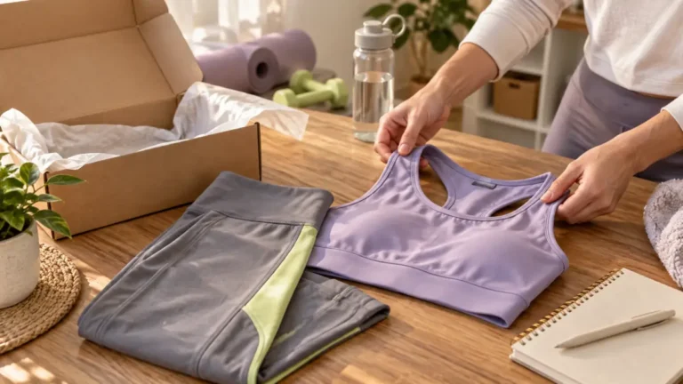 Ropa fitness sin marca junto a un paquete abierto para una reseña