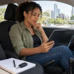 Motorista avaliando informações de financiamento dentro do carro