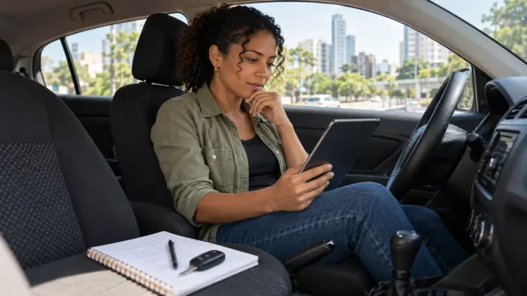Motorista avaliando informações de financiamento dentro do carro
