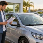Motorista consultando checklist ao lado de carro novo