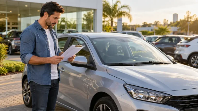 Motorista consultando checklist ao lado de carro novo