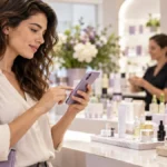 Pessoa consultando detalhes de uma campanha de beleza pelo celular